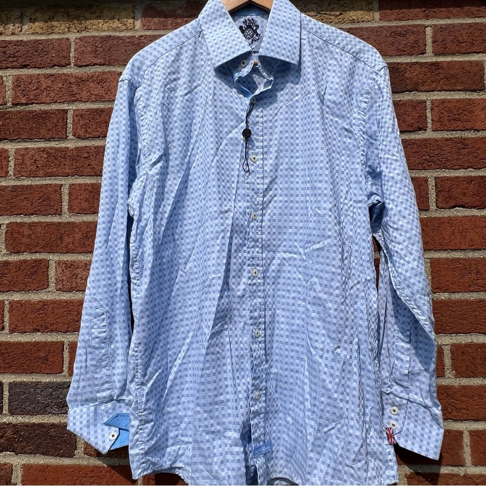 English Laundry Mens Dress Shirt Blue Check Flip Cuff 16.5 34/35 Long Sleeve